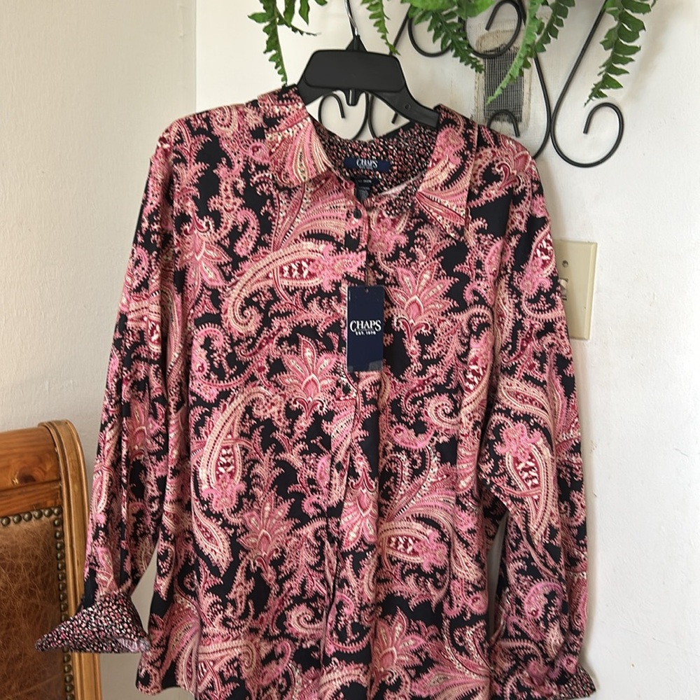 NWT Chaps Classic Paisley No Iron Button up Shirt. Women 2X - Picture 2 of 8
